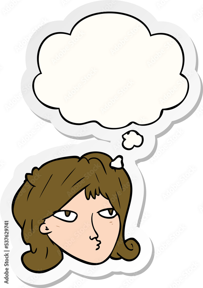 cartoon woman with thought bubble as a printed sticker cartoon woman with thought bubble as a printed sticker