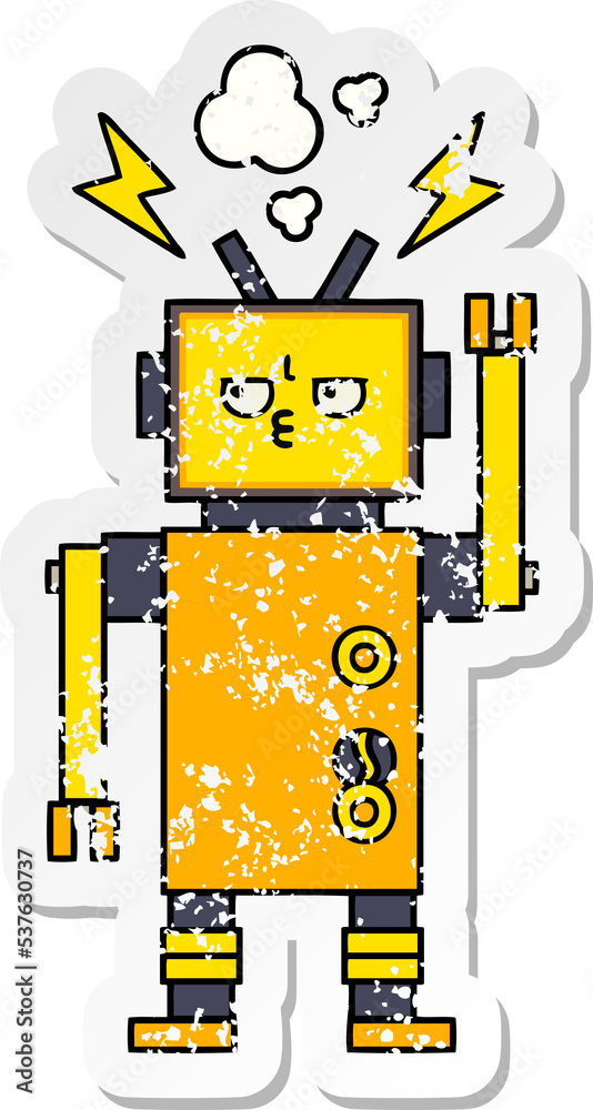 distressed sticker of a cute cartoon malfunctioning robot