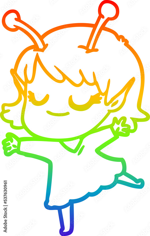rainbow gradient line drawing of a smiling alien girl cartoon dancing