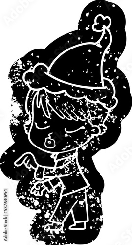 quirky cartoon distressed icon of a woman with eyes shut wearing santa hat