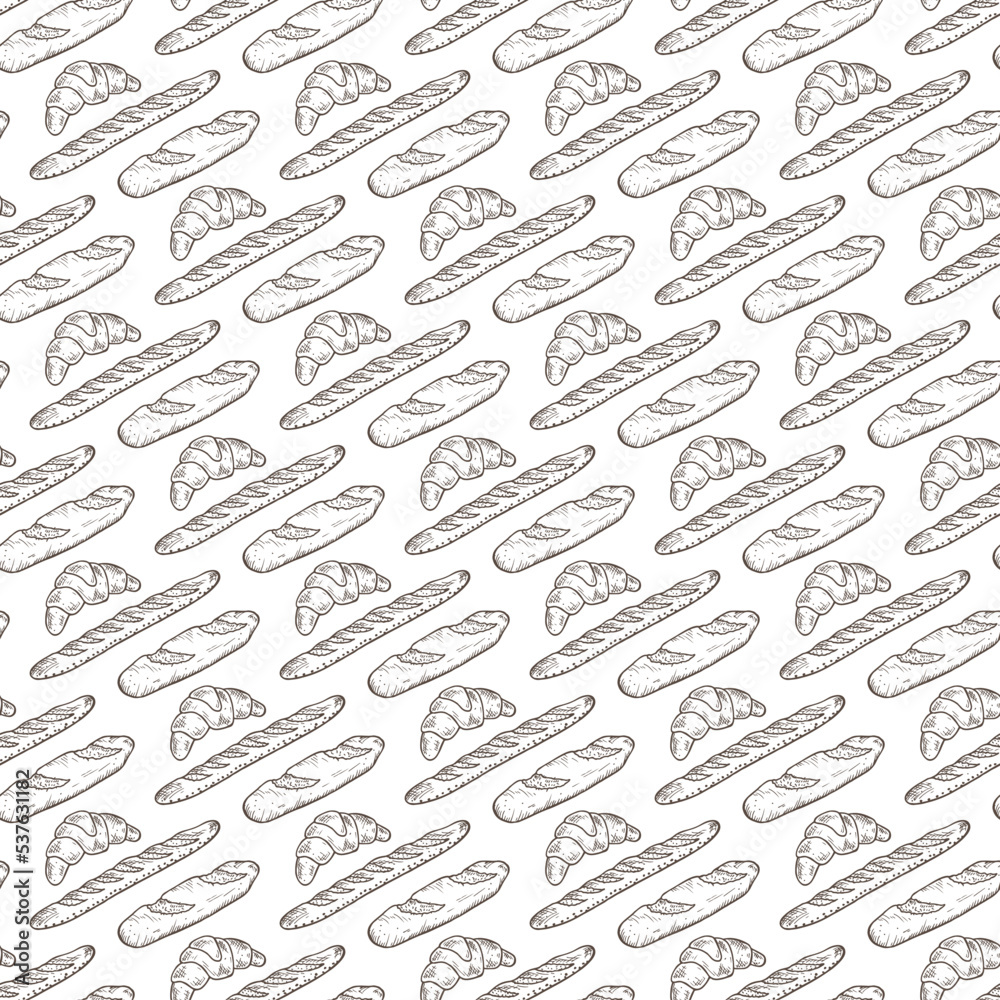 Hand drawn Bakery products. French Pastries Vector Seamless pattern. Bread, baguette and croissant Hand drawn Bakery products. French Pastries Vector Seamless pattern. Bread, baguette and croissant