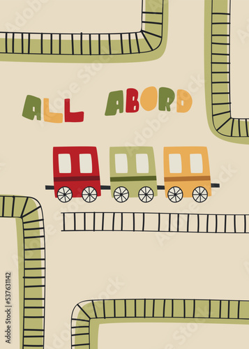 Railway carriages illustration. All aboard - kids printable cute vector poster. Cartoon art for childish design.