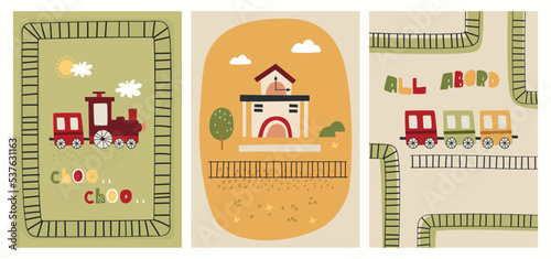 Set of kids posters with train, railway station, railroad and railway carriages. Vector nursery printable collection of posters