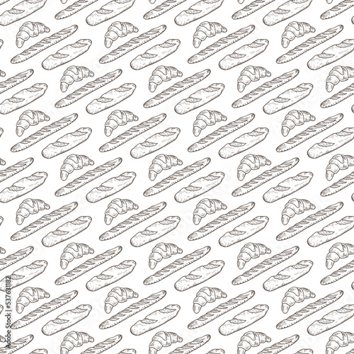 Hand drawn Bakery products. French Pastries Vector Seamless pattern. Bread, baguette and croissant © AllNikArt