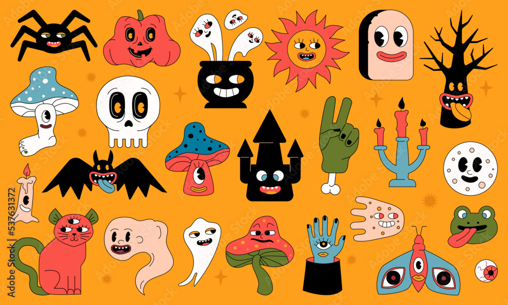 Stylized as an old cartoon set of Halloween characters. Outlined vector funny shapes.