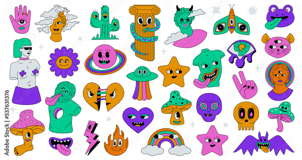 Obraz premium A set of acid trippy mad characters. Outlinned groovy signs.
