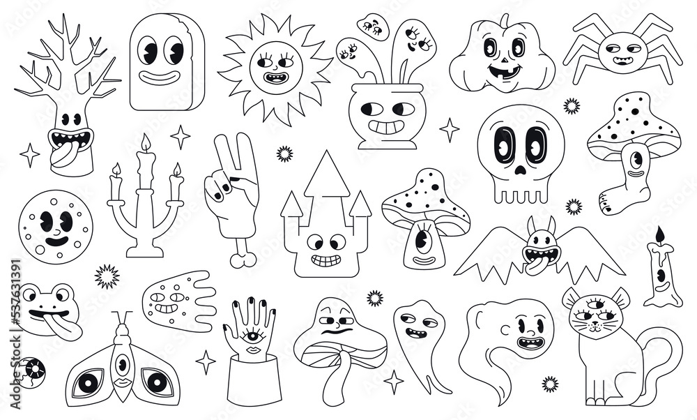 Stylized as an old cartoon set of black and white Halloween characters. Contoured vector funny figures and tatoo.