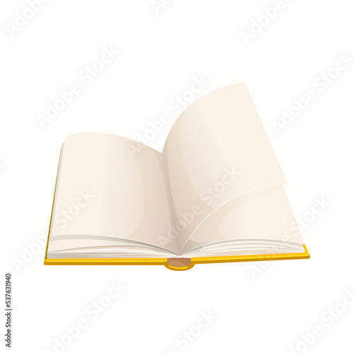 Cartoon open book with blank pages. Isolated vector textbook, bestseller, schoolbook with clean sheets. Opened dictionary, literature digest, novel or verses in yellow cover top view