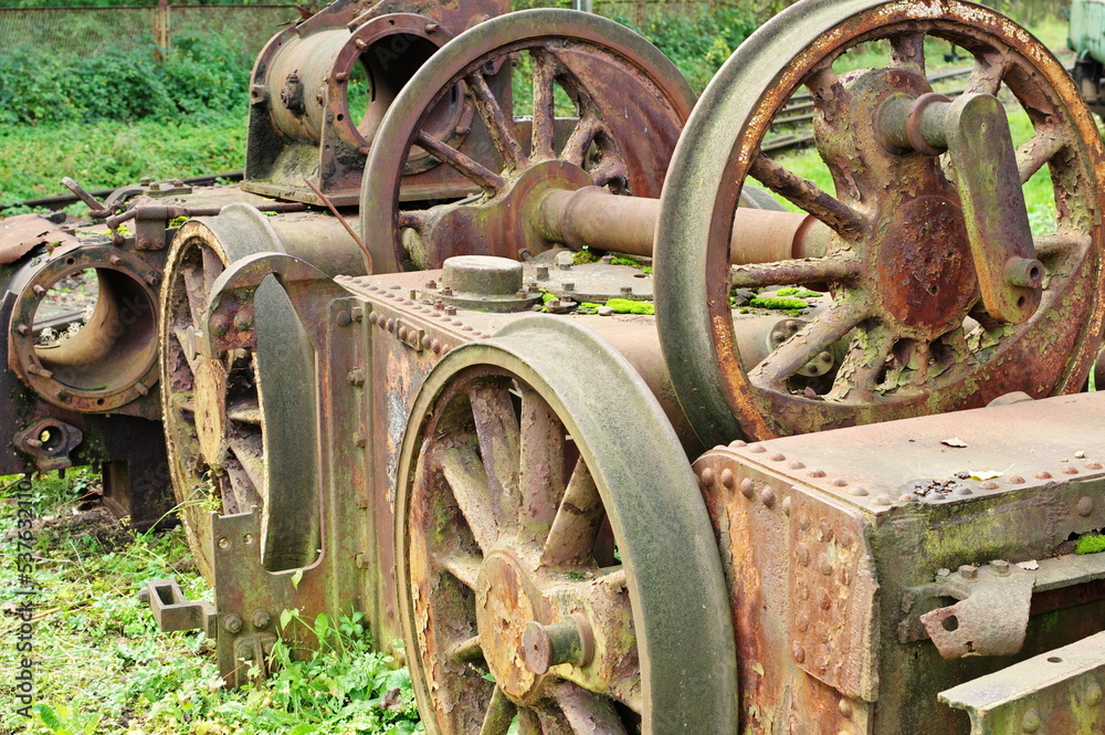 Historic railway. Rusty wheels of an old locomotive.