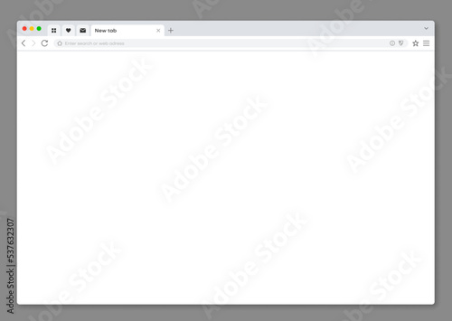Internet web browser window interface mockup. Blank vector screen with search bar, internet webpage mockup. Website frame with tab elements. Empty network border template with toolbar icons for pc