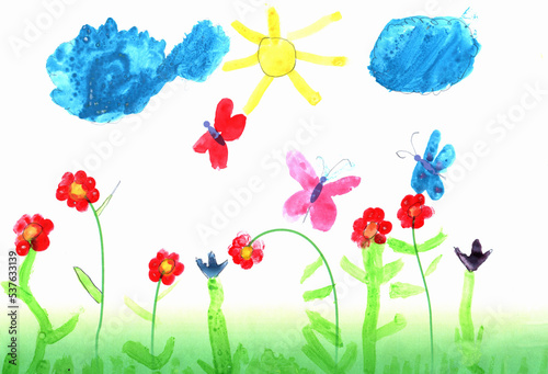Childish drawing of clearing with flowers rainbow and butterflies