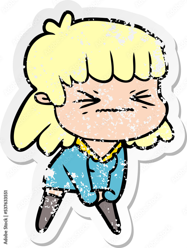 distressed sticker of a cartoon angry girl distressed sticker of a cartoon angry girl