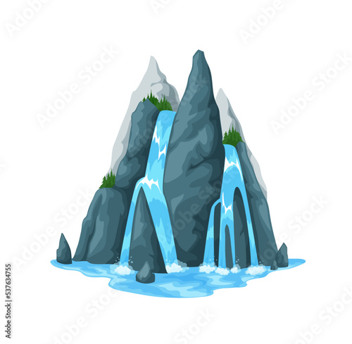 Cartoon mountain waterfall and water cascade. Vector splashing stream jets falling from high rocks with green plants. Isolated 2d design, fresh flows of water fall down from hill, natural elements