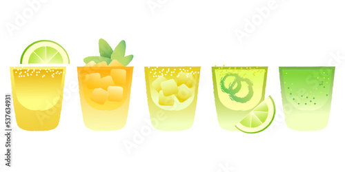 Set of tumbler glass with alcohol drink. Vector bright illustration with texture and gradient in green tones