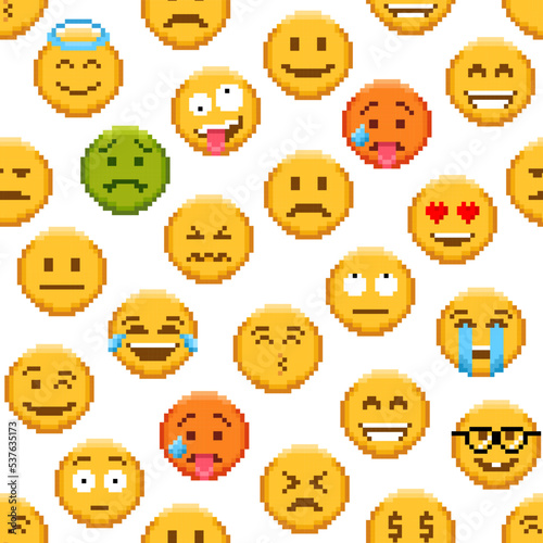 Pixel emoji seamless pattern. Vector repeated background with cartoon 8bit sad and happy faces, smile or unhappy emoji. Crying, angry, love facial expression, funny yellow face emoticon personages