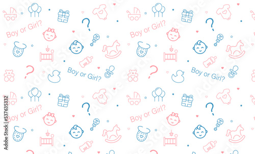 Baby shower pattern. Baby boy girl seamless texture. Vector. Blue pink childish textile print. Cute pastel backgrounds for invitation, invite template, card, birth party, scrapbook. Flat illustration.