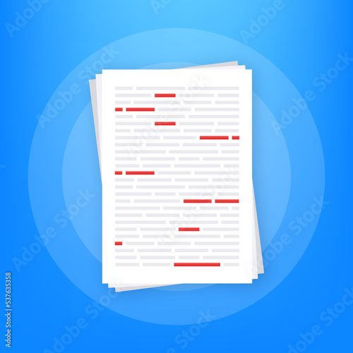 Proofreader checks transcription written text. Editing documents to correct errors. Vector stock illustration.