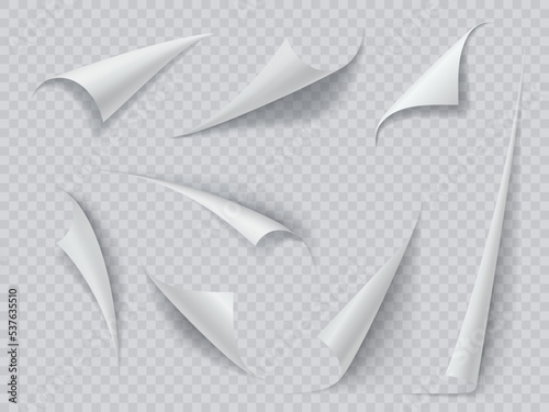 Curly paper page corners. Magazine or book page curly peels, document paper sheet white realistic vector corners, sticker or bookmark bent edge set or transparent background