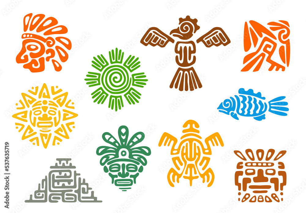 Mayan Aztec totems, Mexican tribal vector symbols of sacred animals and birds. Maya or Mexico Inca tribe totem signs of sun, fish, turtle or pyramid and deity mask, ethnic Aztec tribal symbols Mayan Aztec totems, Mexican tribal vector symbols of sacred animals and birds. Maya or Mexico Inca tribe totem signs of sun, fish, turtle or pyramid and deity mask, ethnic Aztec tribal symbols