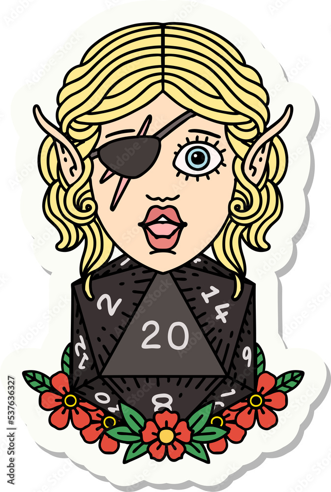 sticker of a elf rogue character with natural twenty dice roll sticker of a elf rogue character with natural twenty dice roll