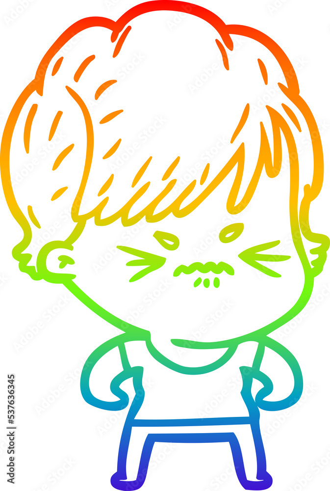 rainbow gradient line drawing of a cartoon frustrated woman rainbow gradient line drawing of a cartoon frustrated woman