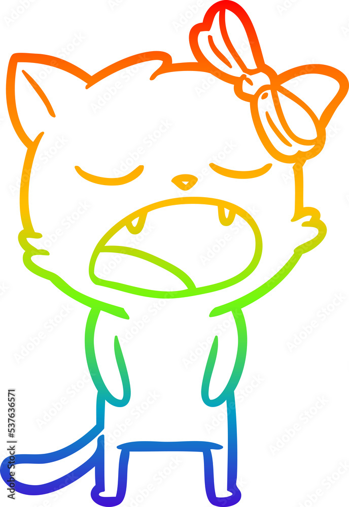 rainbow gradient line drawing of a cartoon cat meowing rainbow gradient line drawing of a cartoon cat meowing