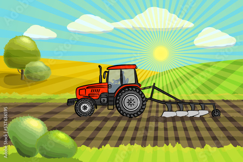 The red tractor working in the field. Tractor plowing the field on hill background. Soil cultivation process. Country side landscape. The rays of the sun pierce the landscape. Vector illustration.