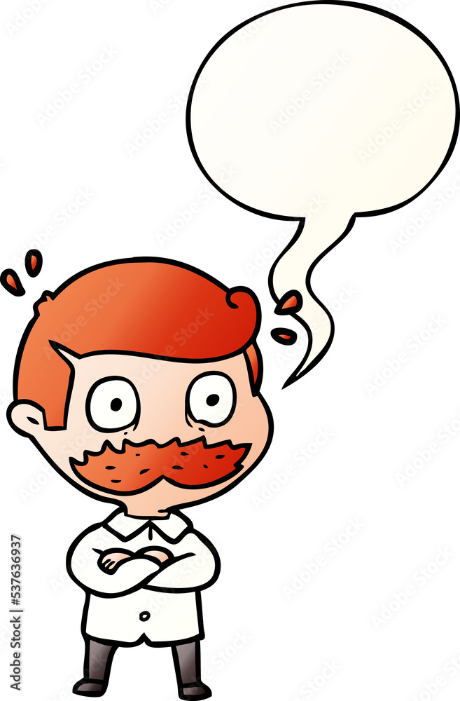 cartoon man with mustache shocked with speech bubble in smooth gradient style