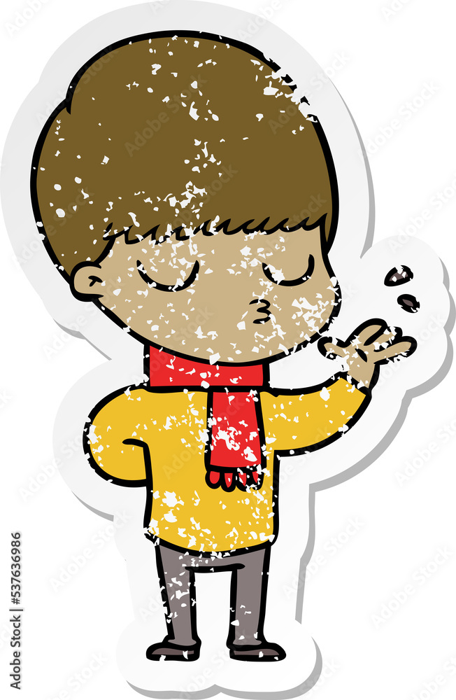 distressed sticker of a cartoon calm boy distressed sticker of a cartoon calm boy