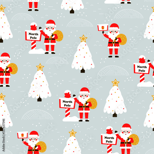 Seamless christmas pattern with santa claus and north pole on gray background for wrapping paper