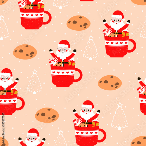 Seamless christmas pattern with santa claus and cookies on light orange background for wrapping paper