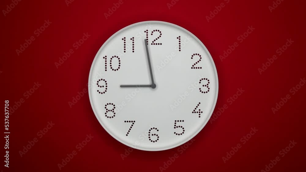 A White Wall Clock On Red Background With A Time Of 9.00 Am Or Pm. A Gray Or Grey Watch Hands. Timelapse. 4k. ProRes. A White Wall Clock On Red Background With A Time Of 9.00 Am Or Pm. A Gray Or Grey Watch Hands. Timelapse. 4k. ProRes.