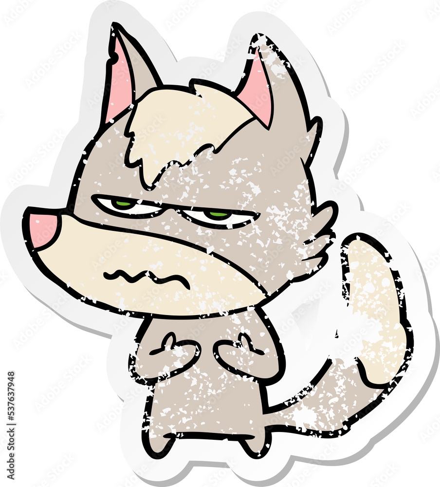 distressed sticker of a cartoon annoyed wolf distressed sticker of a cartoon annoyed wolf