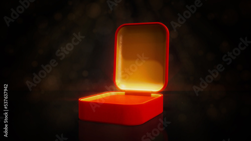 Red and gold opened empty bijouterie present on colorful vivid background - abstract 3D illustration