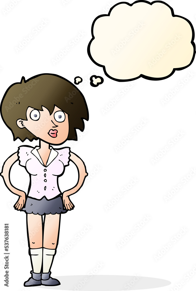 cartoon surprised woman with hands on hips with thought bubble cartoon surprised woman with hands on hips with thought bubble
