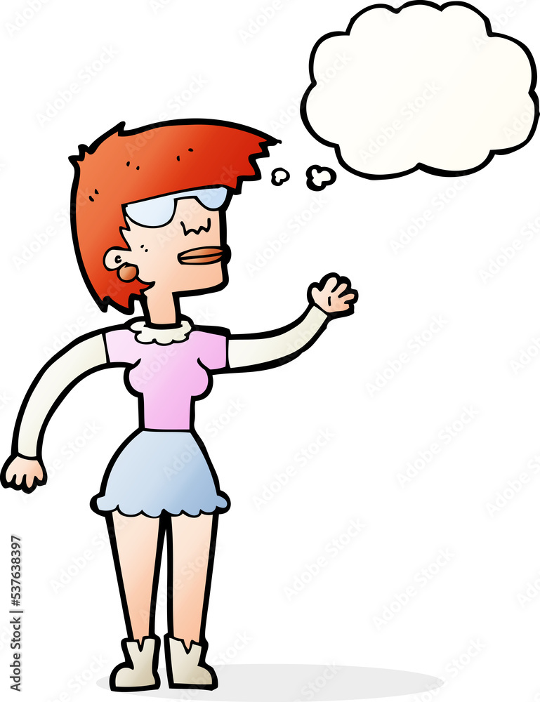 cartoon woman in spectacles waving with thought bubble cartoon woman in spectacles waving with thought bubble