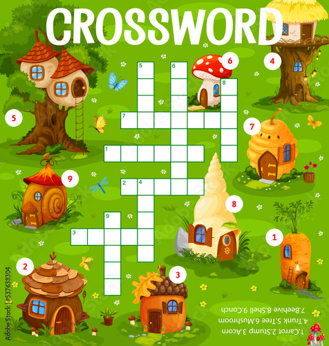 Cartoon gnome houses in fairy forest crossword grid worksheet, find a word quiz game. Vector crossword for kids with carrot, stump, acorn, trunk, tree, mushroom, beehive, shell fantasy dwellings