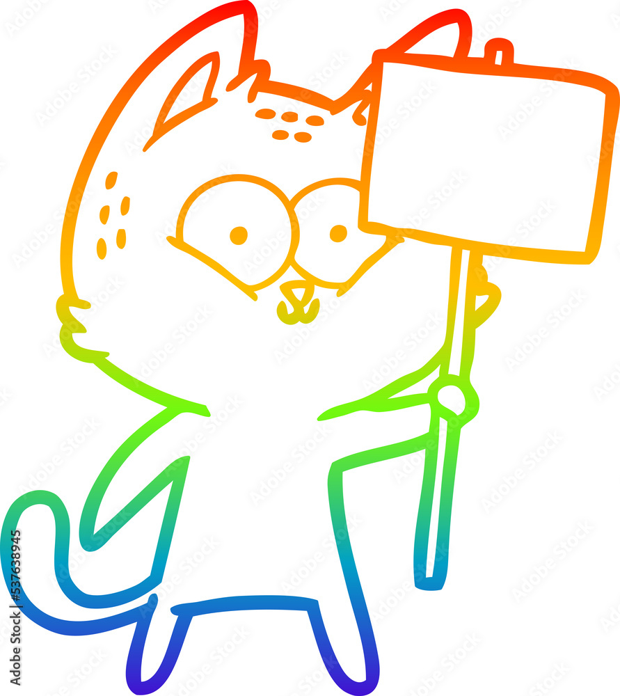 rainbow gradient line drawing of a cartoon cat with placard rainbow gradient line drawing of a cartoon cat with placard