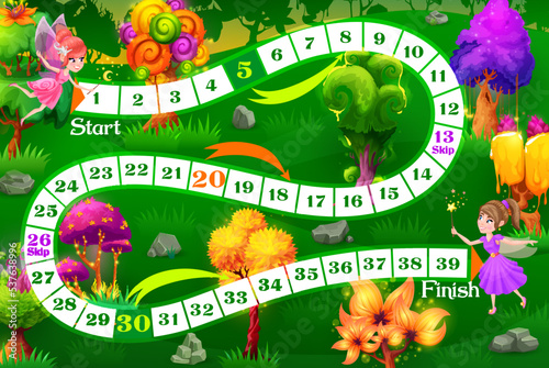 Kids board game fairy characters in magic trees forest. Vector step boardgame worksheet with block snake path, numbers, start, finish and cartoon characters. Educational children riddle, fun game