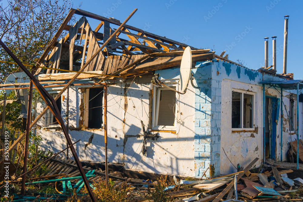 War in Ukraine. 2022 Russian invasion of Ukraine. Countryside. Destroyed house after the battle. Terror of the civilian population. war crime War in Ukraine. 2022 Russian invasion of Ukraine. Countryside. Destroyed house after the battle. Terror of the civilian population. war crime