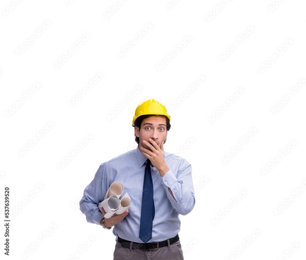 Young male architect isolated on white