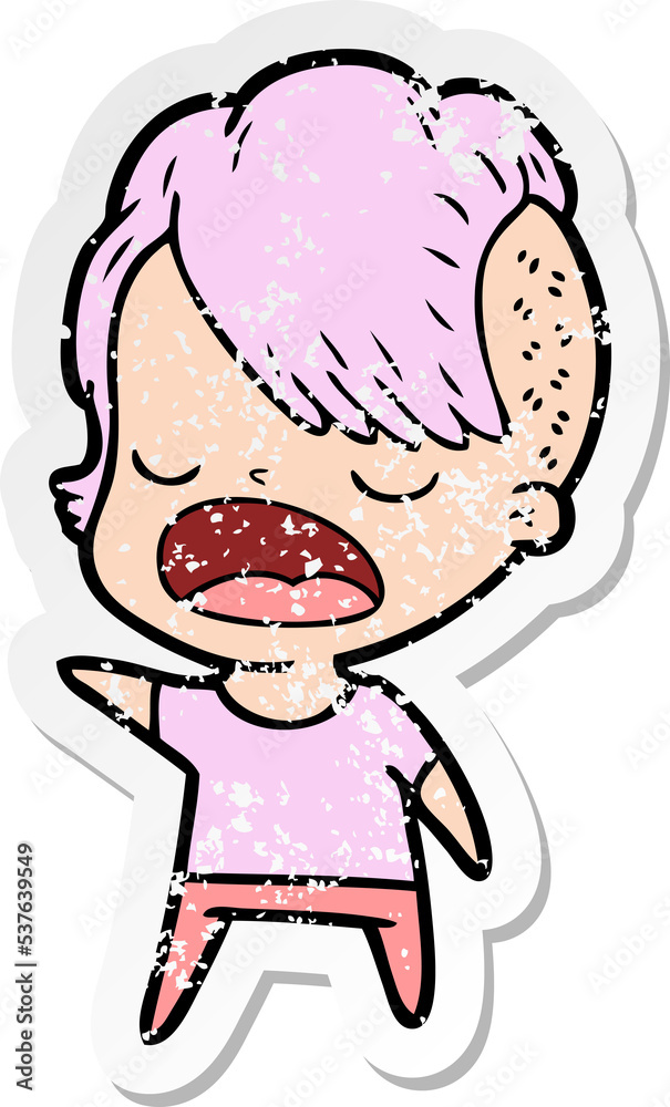 distressed sticker of a cartoon cool hipster girl talking distressed sticker of a cartoon cool hipster girl talking