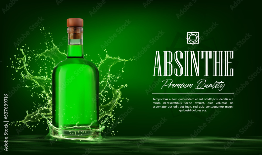 Absinthe alcohol liquor bottle on green splash background, vector bar drink  banner. Absinthe transparent glass bottle with green spill or drops flow,  alcohol liquor brand or product advertising poster