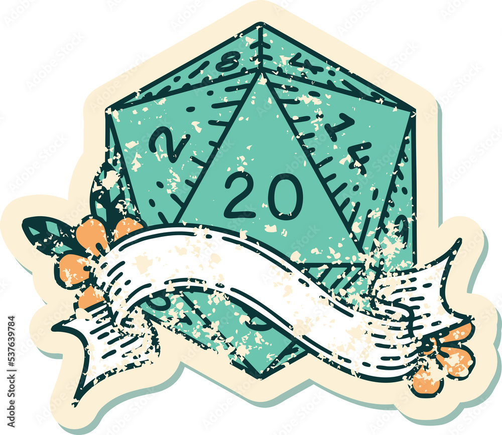 Retro Tattoo Style natural twenty D20 dice roll Retro Tattoo Style natural twenty D20 dice roll