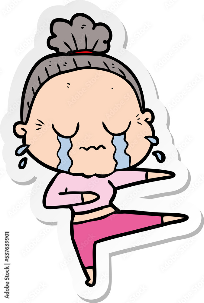 sticker of a cartoon old dancer woman crying sticker of a cartoon old dancer woman crying