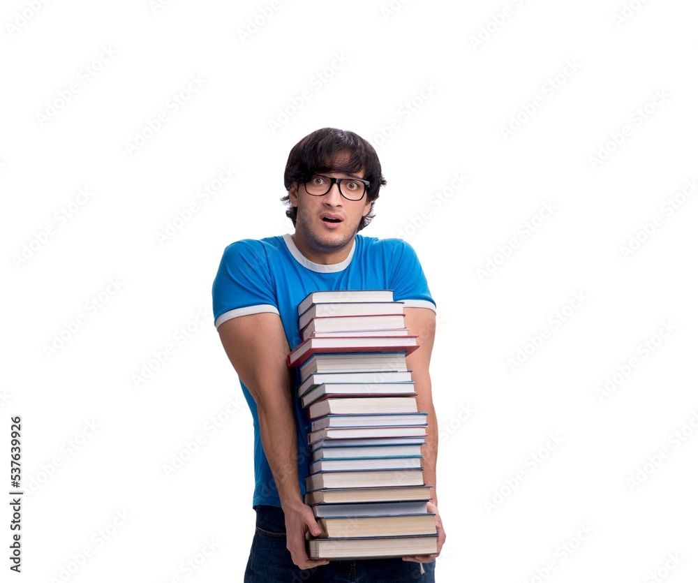 Male student with many books isolated on white Male student with many books isolated on white