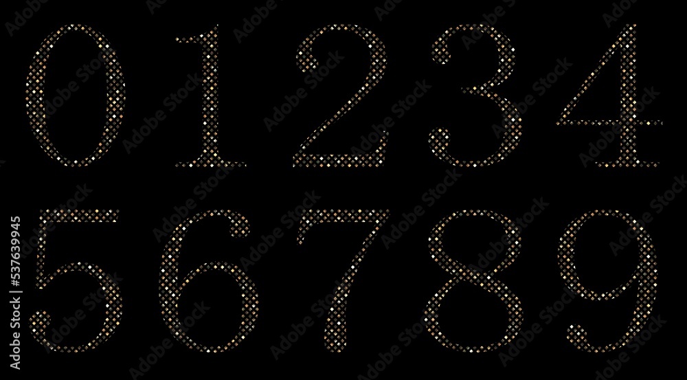 Sparkling golden numbers for New Years design. Classical style pattern. Black background isolated. Sparkling golden numbers for New Years design. Classical style pattern. Black background isolated.
