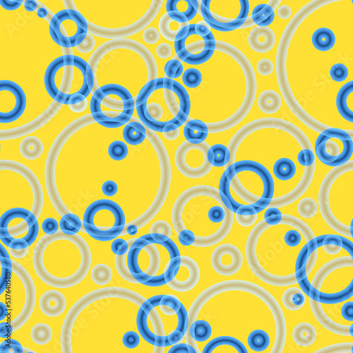 Geometric abstract seamless pattern of random arranged azure rings with dots texture on yellow background.Round shapes halftone point wallpaper.For stationery covers trendy textile fashionable fabrics