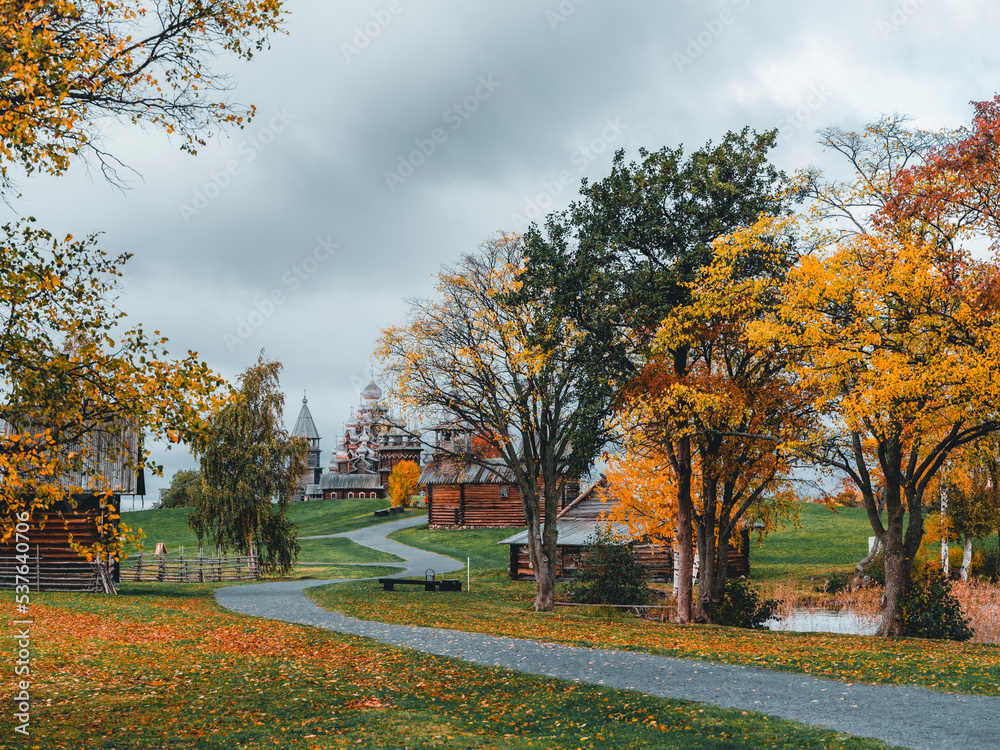 Naklejka premium autumn in tView of Kizhi Island, Historic Site of wooden Churches and Bell Tower-Republic of Karelia. Onega lake, Russiahe city