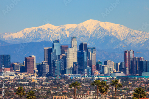 Downtown Los Angeles with snow capped mountain in the background